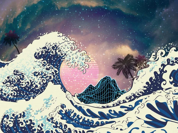 Ocean waves and palm trees, neon mountain, retro style illustration.