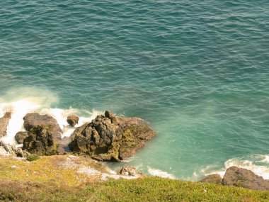 Güneşli bir yaz gününde sakin bir deniz kıyısında. Biraz ot ve deniz köpüğü var..