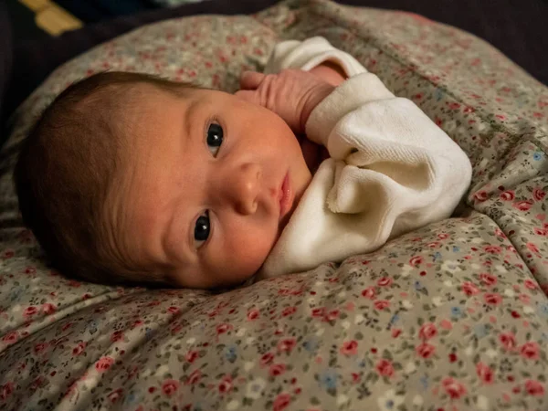Feliz Bebé Caucásico Ella Está Mirando Muy Despierta — Foto de Stock