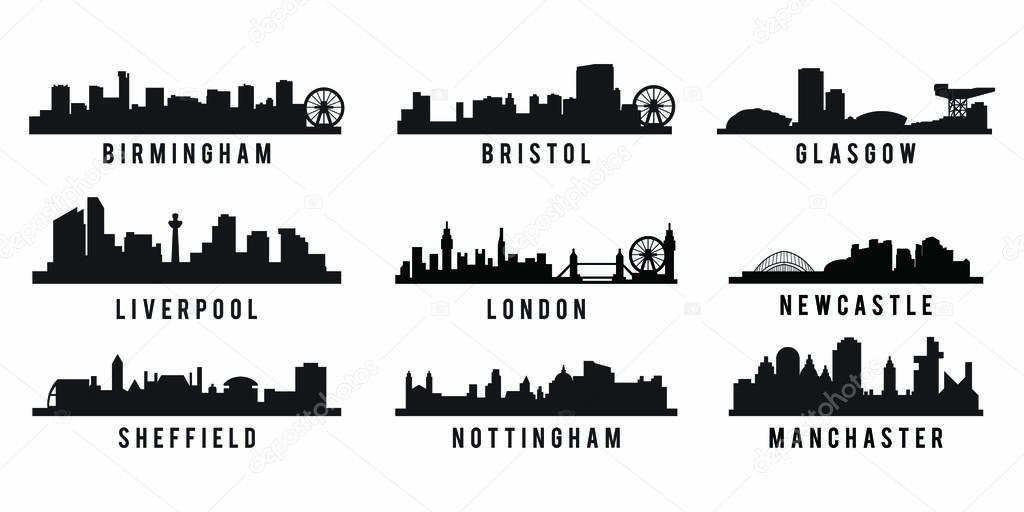 set of Great Britain big cities skyline silhouette