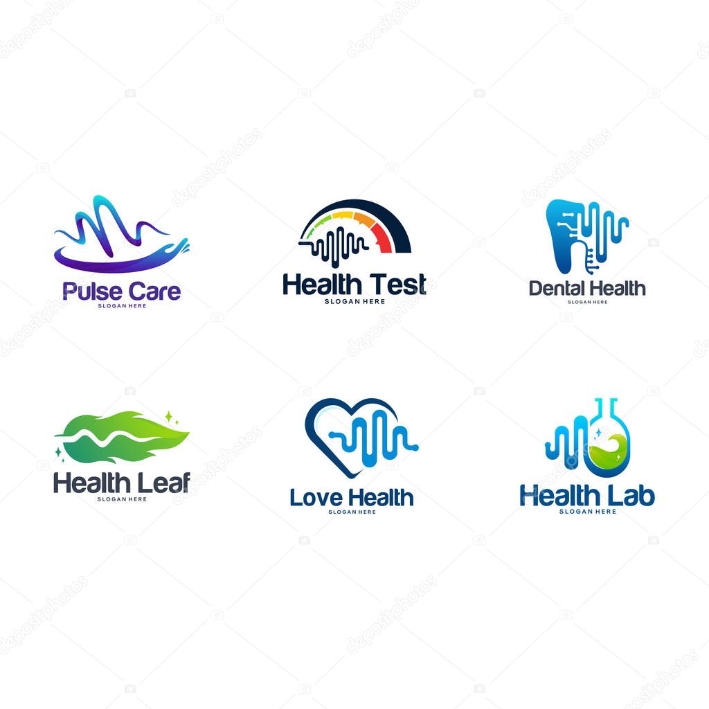 Set of Pulse care logo, Health Test logo, Dental Pulse symbol, Nature logo template, Love Health, Pulse Laboratory