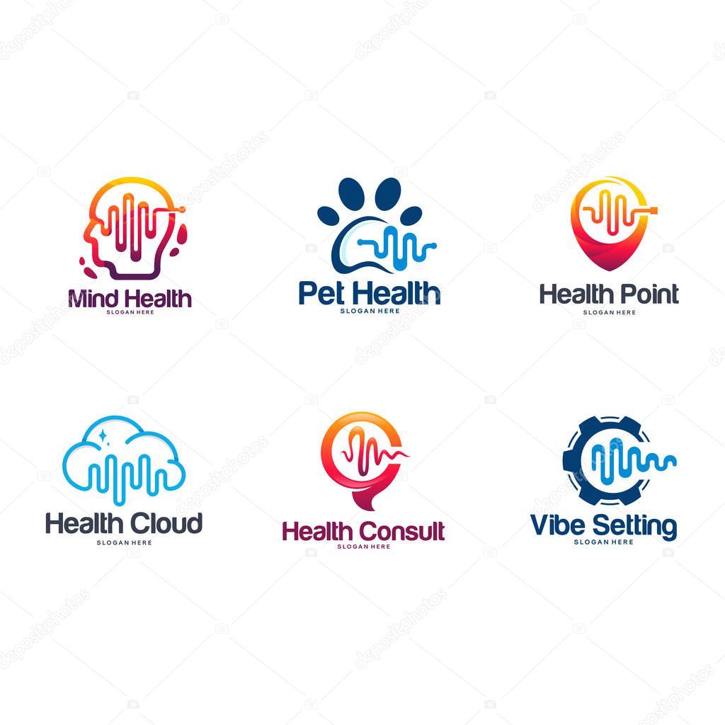 Set of Head Health, Brain Health symbol, Animal, Health Point logo, Cloud logo, Health Consult symbol, Vibe Setting designs vector