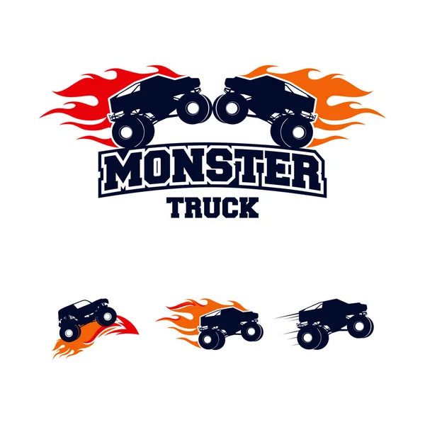 Logotipo de camión monstruo extremo, camión monstruo extremo con plantilla de logotipo de llama de fuego — Archivo Imágenes Vectoriales