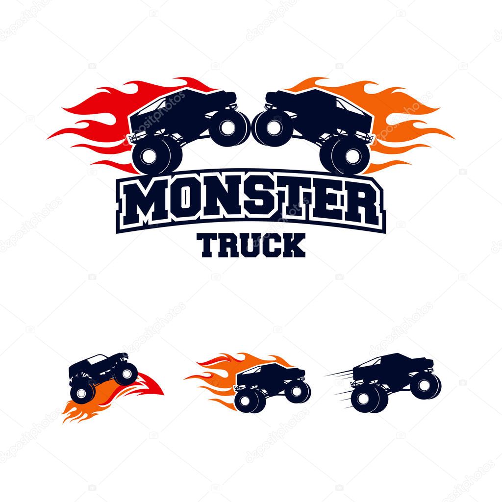 Extreme Monster Truck logo, Extreme Monster Truck with fire flame logo template