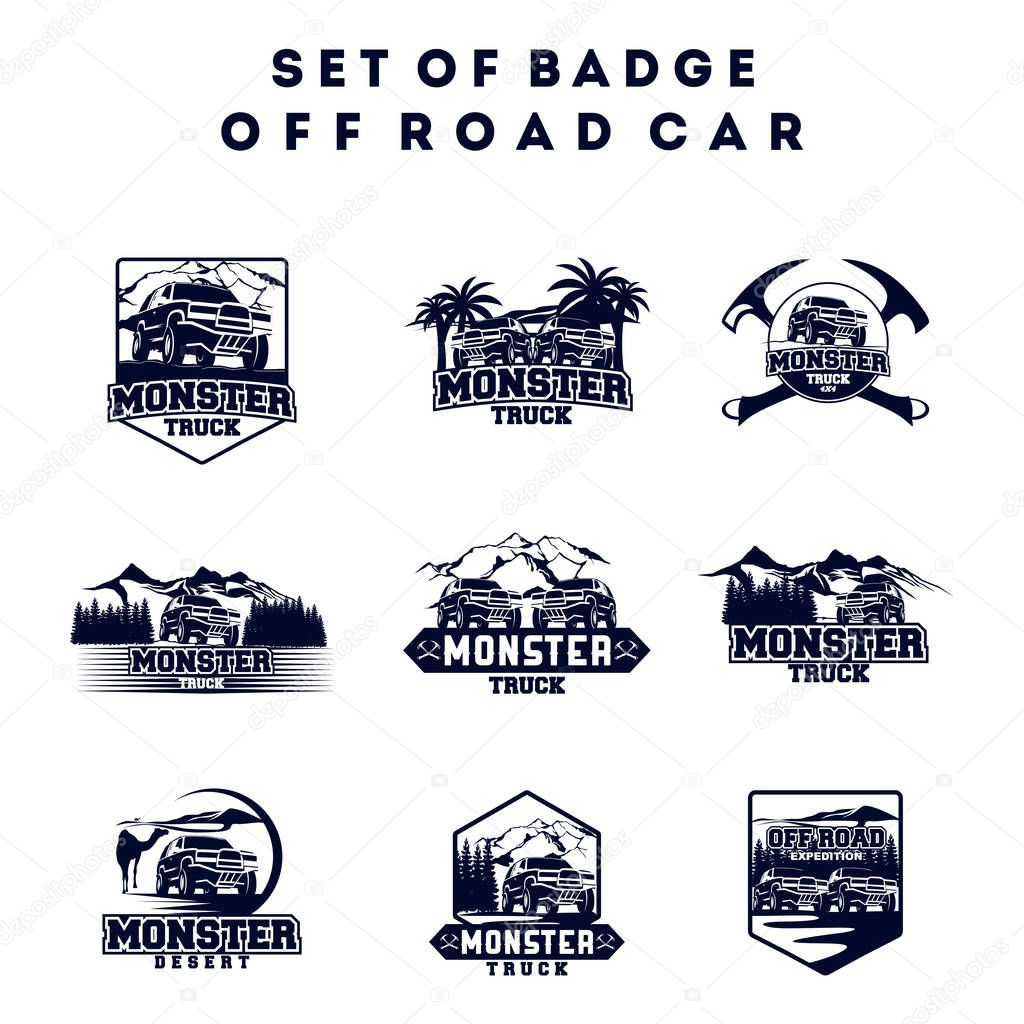 Set of Monster Truck Logo Badge, Off Road Car Logo with Mountain and Forest vector illustration