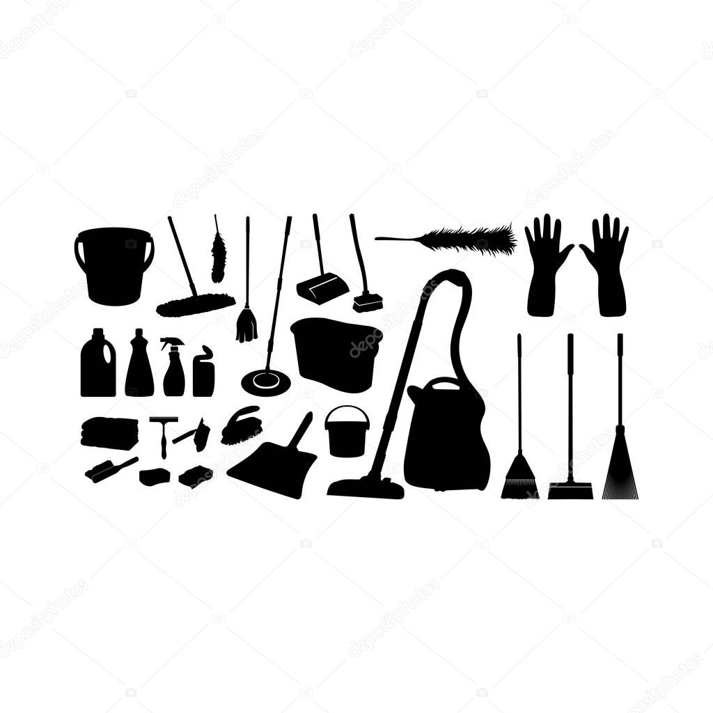 Collection of Various Cleaning Tools silhouette set vector illustration, Cleaning Sanitary Washing Tool Silhouette Collection