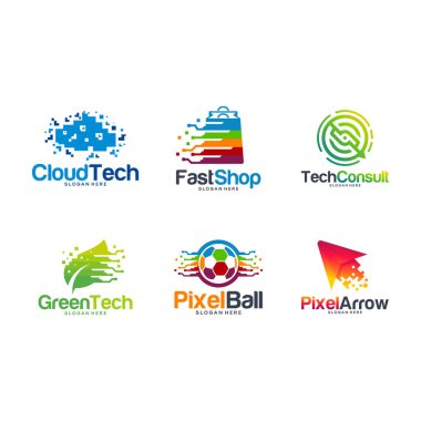 Teknoloji pikseli logo dizayn şablonu, Cloud Tech logosu, Fast Shop, Tech discussion, Green Technology, Pixel Ball, Pixel Arrow logo vektörü