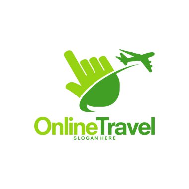 Çevrimiçi Seyahat logosu konsept vektörü, İmleç ve Plane logo şablonu dizayn eder