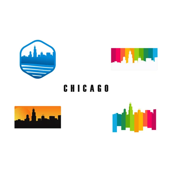シカゴ市シルエットテンプレートのセット、アメリカ市シルエットのロゴベクトルイラストのセット — ストックベクタ