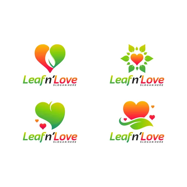 Набір дизайнів логотипів Nature Love концепція вектор, дизайн логотипу Leaf and Love шаблон векторна ілюстрація — стоковий вектор