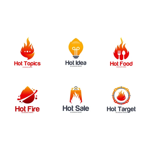 Conjunto de diseños de logotipo de llama de fuego concepto, tecnología caliente, fuego ecuestre, bola de fuego, chile caliente, comida caliente, diseño de logotipo de fuego de hogar vector — Archivo Imágenes Vectoriales