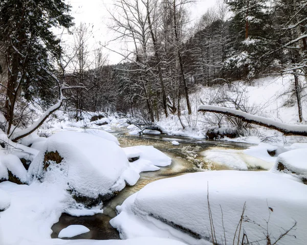 Παγωμένο Μικρό Ποτάμι Τράπεζες Δέντρα Καλυμμένα Χιόνι — Φωτογραφία Αρχείου