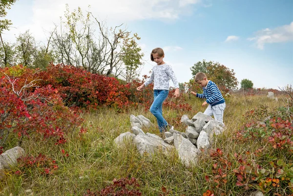 Petits frères et sœurs marchant dans la belle nature karstique — Photo