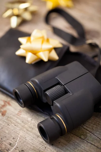 Binoculars Idea Gift Wooden Desk — Stock Photo, Image