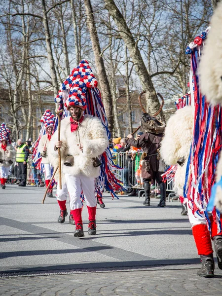 斯洛文尼亚卢布尔雅那 2020年2月22日 卢布尔雅那传统的龙狂欢节 带有许多独特和传统的树懒狂欢节面具 — 图库照片