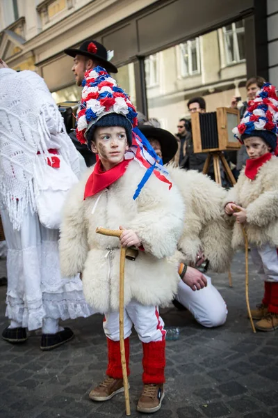斯洛文尼亚卢布尔雅那 2020年2月22日 卢布尔雅那传统的龙狂欢节 带有许多独特和传统的树懒狂欢节面具 — 图库照片