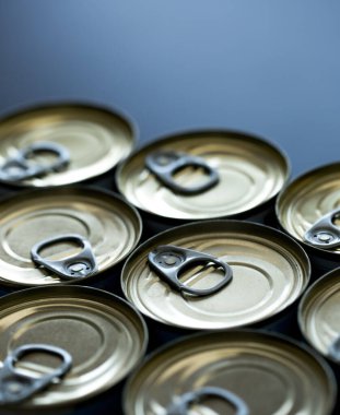 Coronavirüs salgınından dolayı konserve kutuları depolamak ve ev konseptinde kalmak.