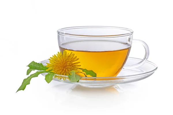 Dandelion Tea Transparent Cup Dandelion Flower Leaves White Background — Stock Photo, Image