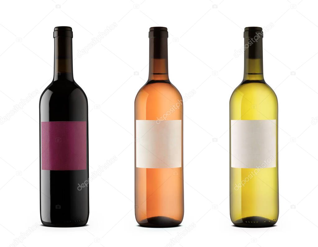 Three wine bottles with blank labels of red, rose and white wine of the same producer isolated on white