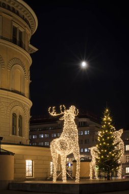 Büyük geyik heykelleri led ışıkları yapılmış, Noel ağacı ve parlayan ay dekore edilmiş