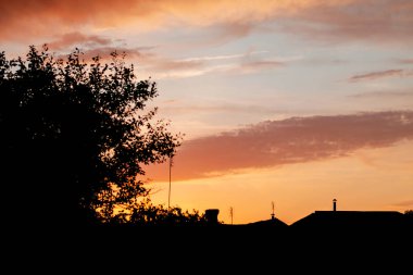 Kırsal çatıların ve ağaç taçlarının koyu gölgesi.