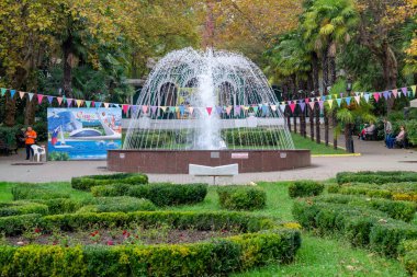 Sochi, Rusya - 23 Ekim 2019 Riviera Parkı. Çeşme çalışıyor. Palmiye ağaçları. Yeşil dekoratif çiçek yatağı
