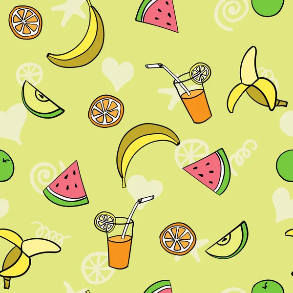 Fruta verano patrón sin costuras plátano manzana sandía naranja jui — Vector de stock