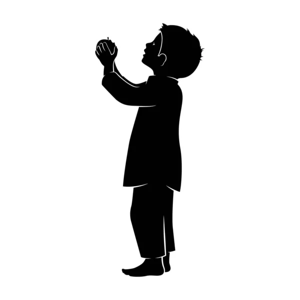 Silhouette Little Boy Holding Sharing Apple Isolated Vector Illustration White — ストックベクタ