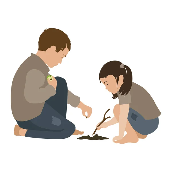 可怜的男孩和女孩在地里种了一个苹果种子 朋友们 白色背景上的孤立向量说明 — 图库矢量图片