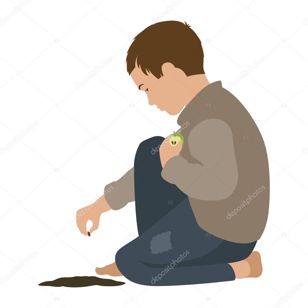Poor Boy planting an apple seed in the ground. Isolated Vector Illustration on a white background