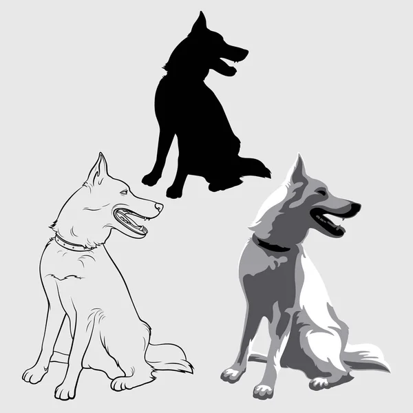 Hond Zit Kijkt Naar Zijkant Hond Kijkt Toe Hondensilhouet Lineair — Stockvector