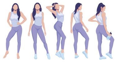 Fitness kızı pozu. Spor kızları. Düz dizayn. Beyaz arkaplanda izole vektör illüstrasyonu