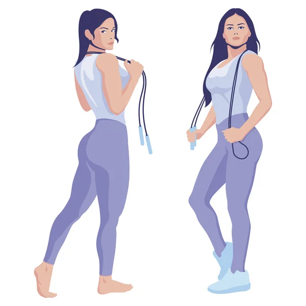 Fitness Girl Skipping Rope Hands Sports Girl Flat Design Isolated — 스톡 벡터