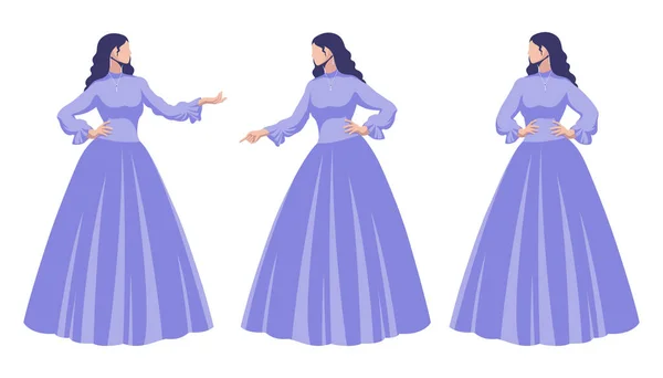 Woman Lush Dress Gestures Her Hands Vector Illustration White Background — 스톡 벡터