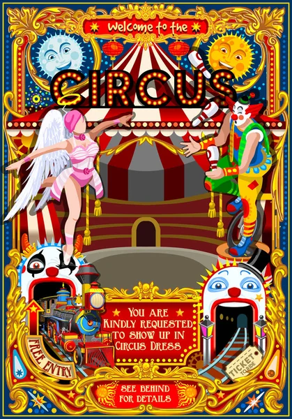 Circus carnaval uitnodigen themapark Poster Tent vectorillustratie amusement familie pretpark banner poster uitnodigen set. — Stockvector