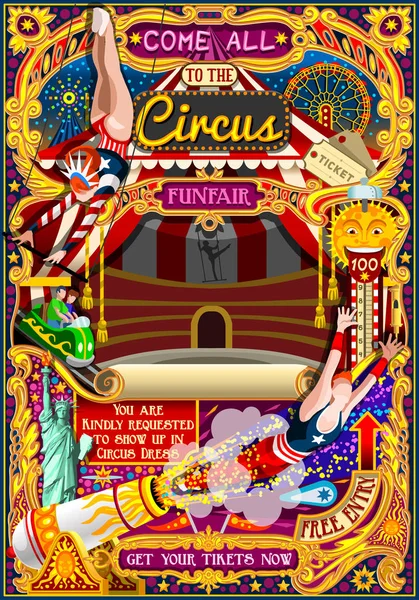 Sirk karnaval davet Tema parkı Poster çadır vektör çizim acrobat sanatçı gösterisi kümesi davet ediyoruz. Yaratıcı tasarım vektör resim koleksiyonu — Stok Vektör