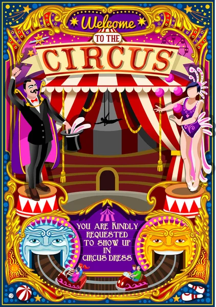 Carnaval de Circo Invitar Parque Temático Cartel Tienda Vector Ilustración mago espectáculo de magia invitan conjunto. Diseño creativo vector ilustración colección — Archivo Imágenes Vectoriales