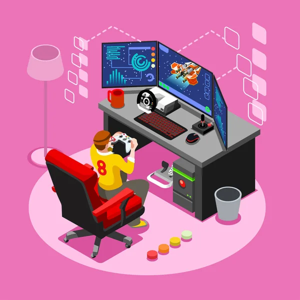 Computer Video Game Isometric Gaming People Vector Illustration — Stock Vector
