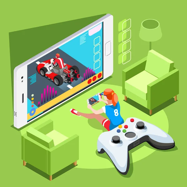 Számítógépes videojáték izometrikus személy Gaming vektoros illusztráció — Stock Vector