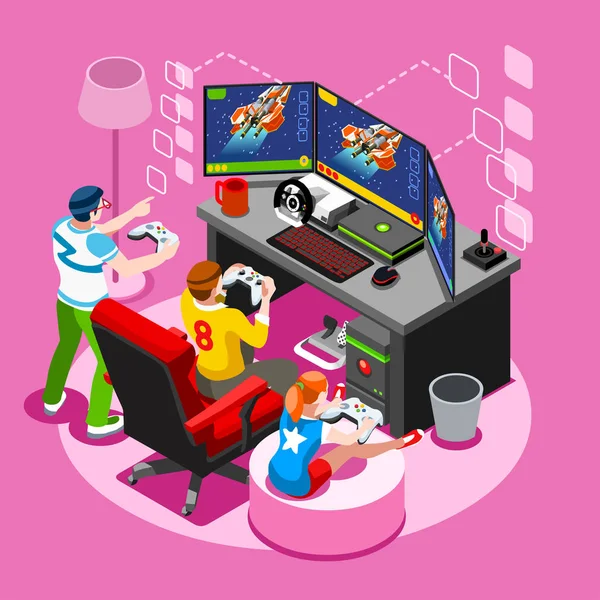 Videospiel Bildschirm Gaming isometrische Menschen Vektor Illustration — Stockvektor