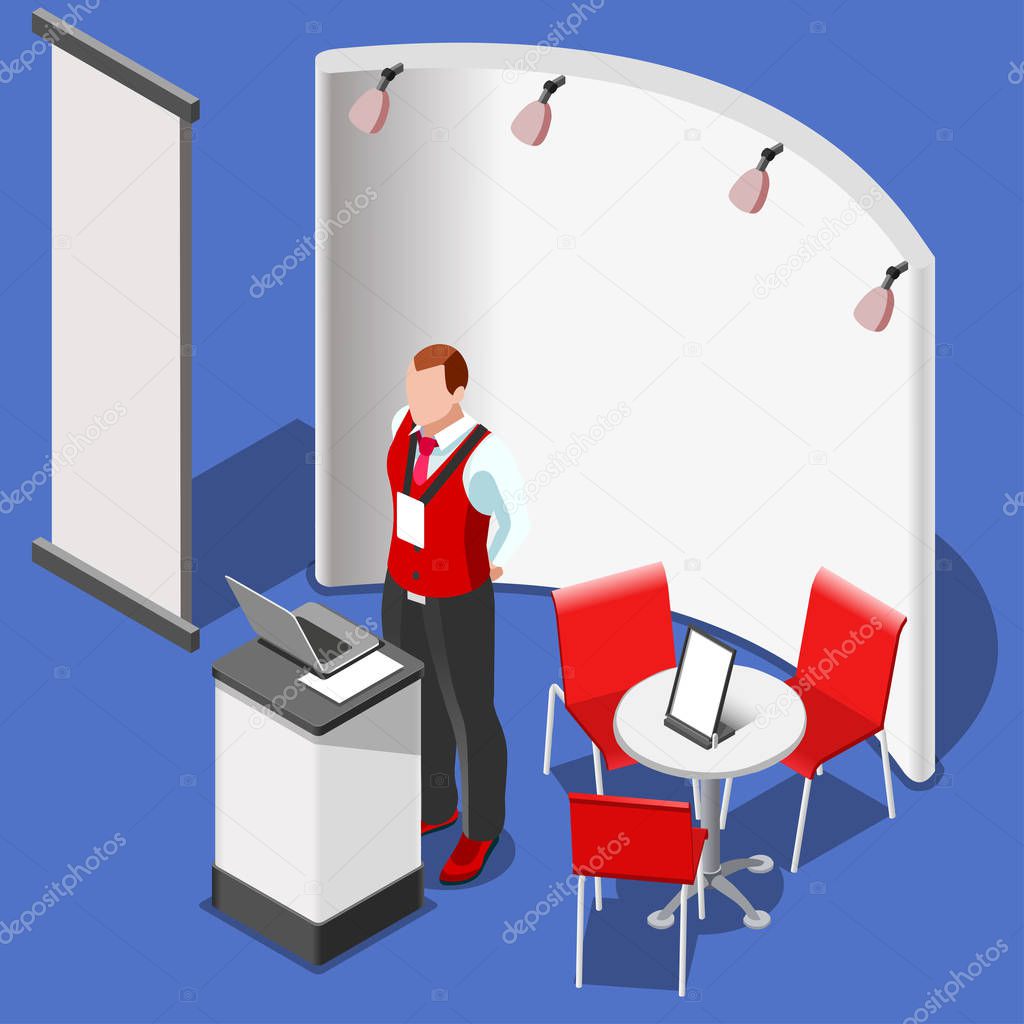 3D Exhibition Booth Stand People Isometric Vector Illustration
