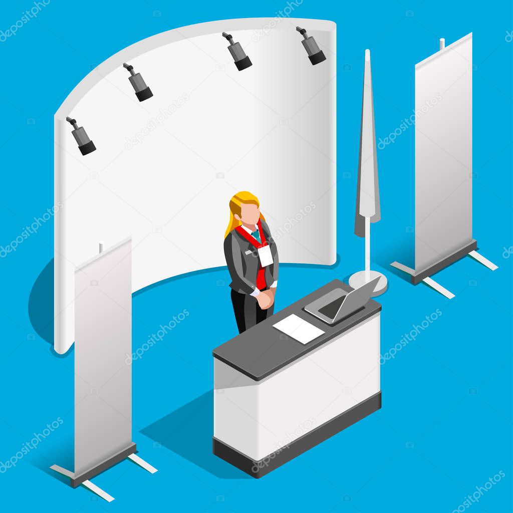 Booth Stand 3D Exhibition Isometric People Vector Illustration