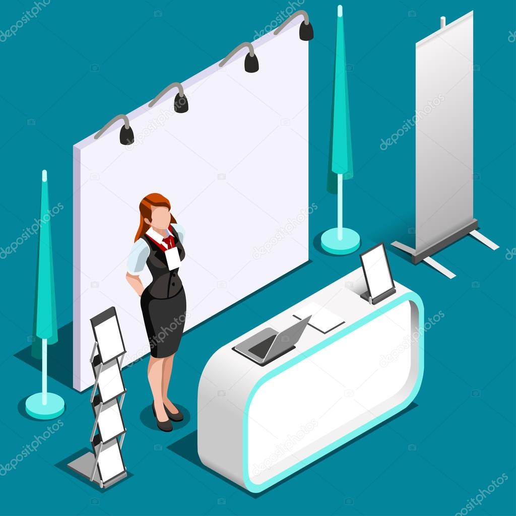 Exhibition 3D Booth Stand People Isometric Vector Illustration