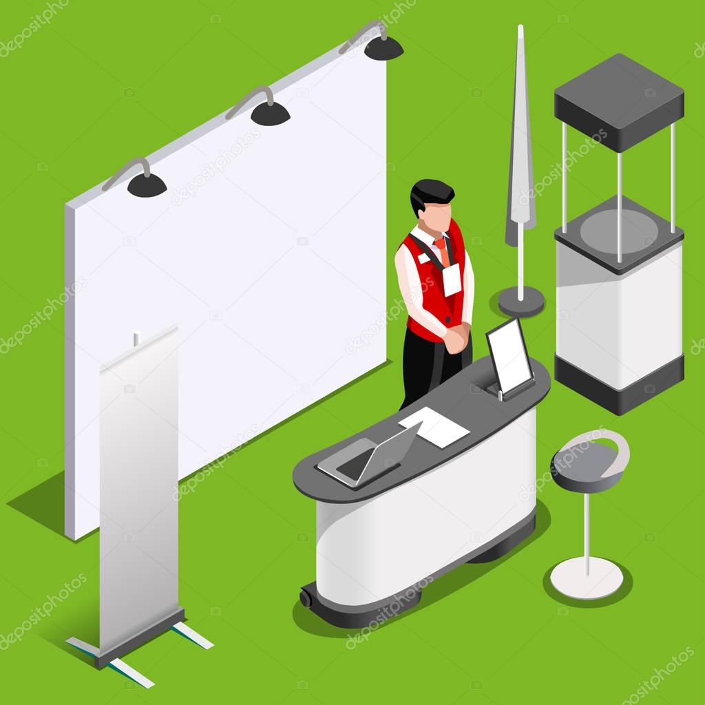 Exhibition Booth 3D Stand People Isometric Vector Illustration