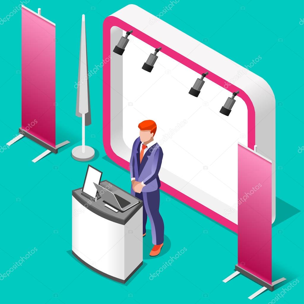 Exhibition Booth Stand 3D Isometric People Vector Illustration
