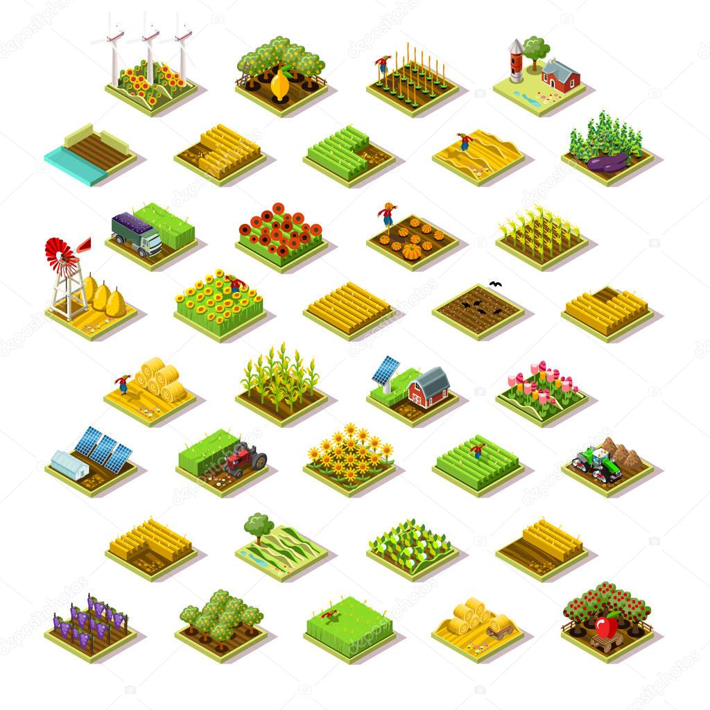 Isometric farm house building staff farming agriculture scene 3D icon set collection vector illustration