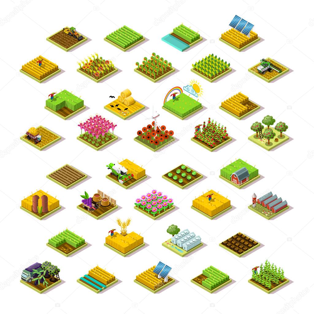 Isometric farm house building staff farming agriculture scene 3D icon set collection vector illustration
