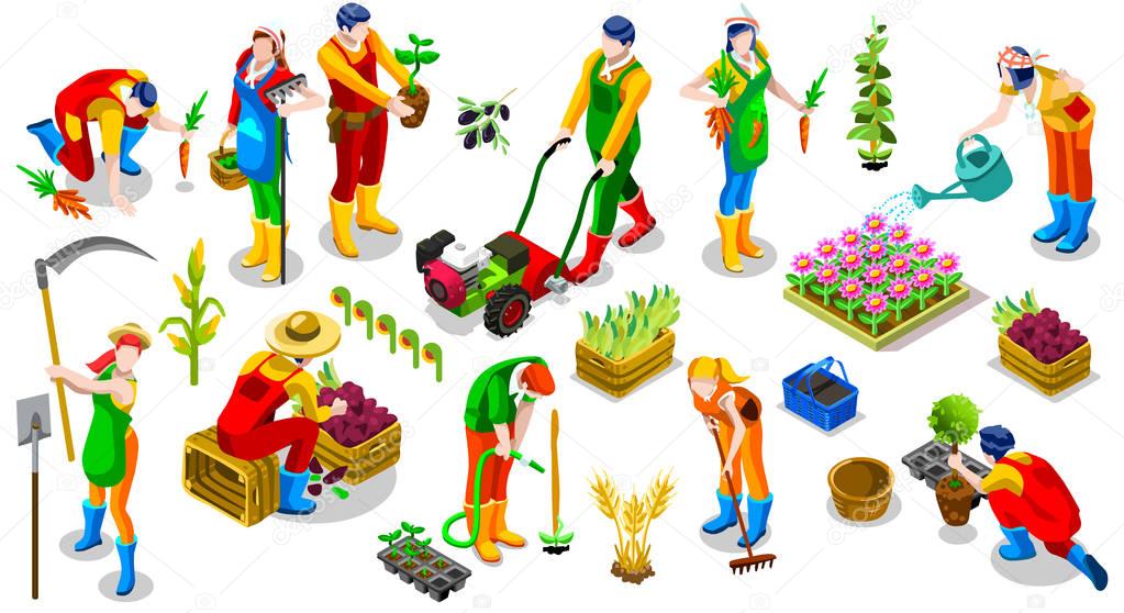 Isometric farmer people 3D icon set collection vector illustration. Farm field scene seed plant gardening tool