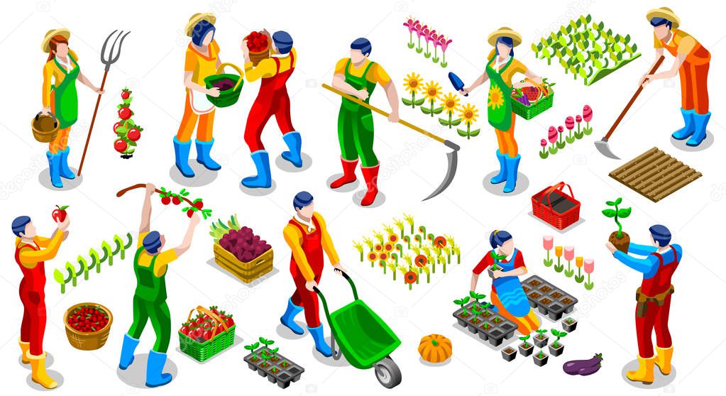 Isometric farmer people 3D icon set collection vector illustration. Farm field scene seed plant gardening tool