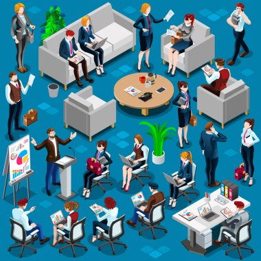 Genç izometrik insanlar 3d simge kümesi vektör çizim patron